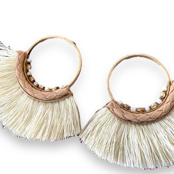 NEW Gold Tan Leather Braided Beaded Fringe Tassel Hoop Post Earrings - Picture 1 of 4